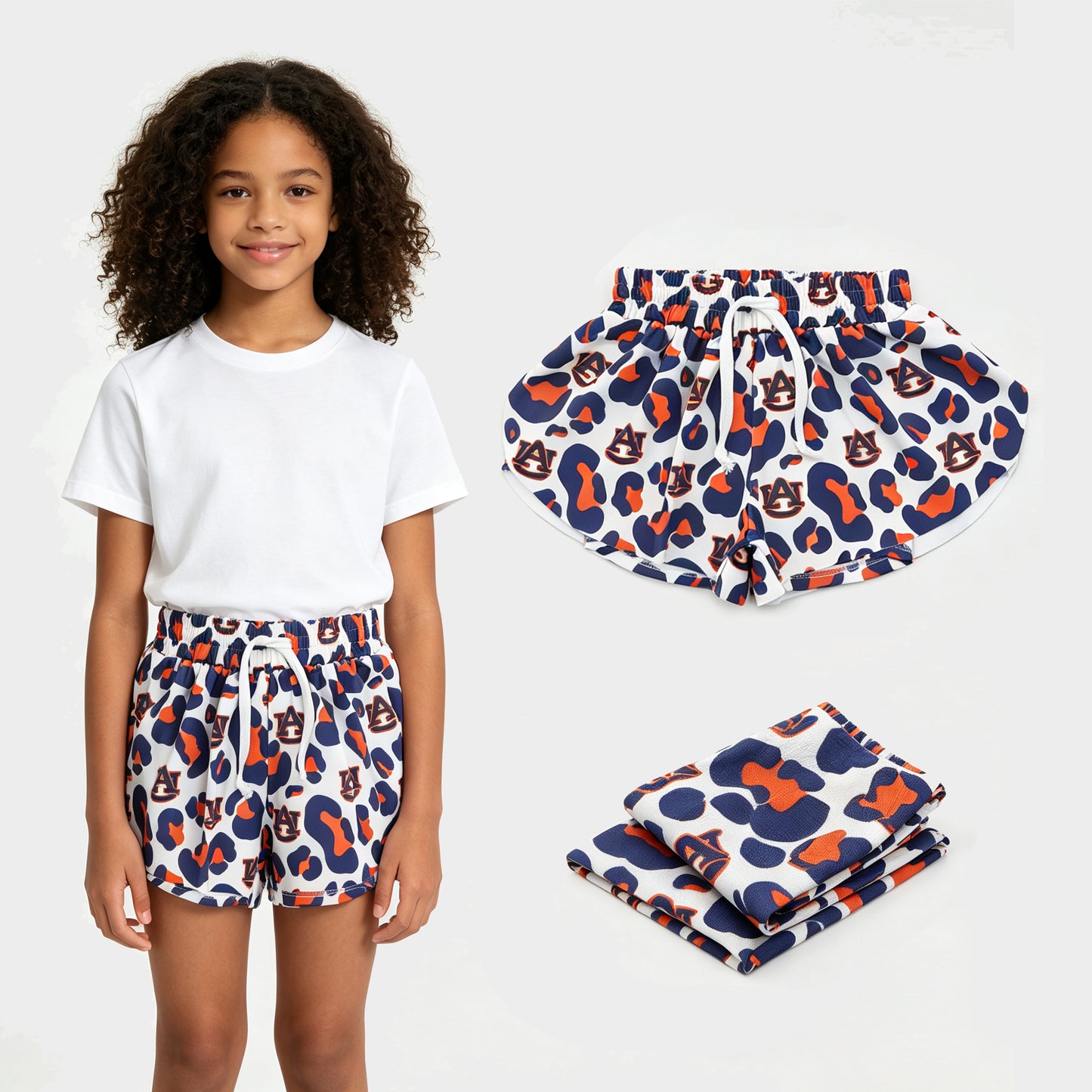 SS0819 Teams Auburn Tigers Leopard Print Girls Summer Bottom Yoga Flutter Shorts