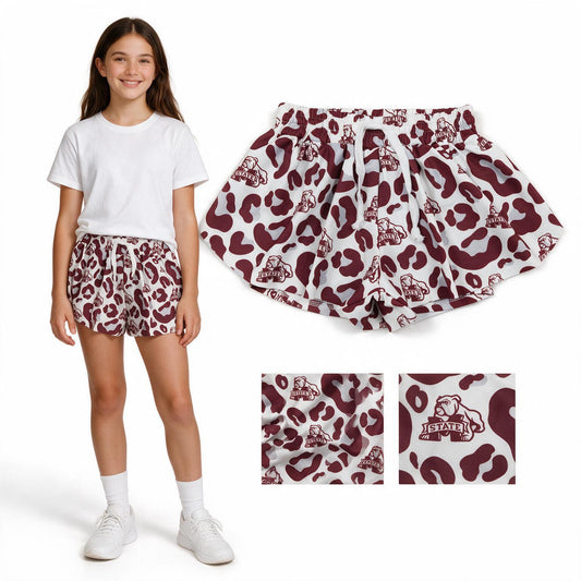 SS0820 Teams Mississippi State Leopard Print Girls Summer Bottom Yoga Flutter Shorts
