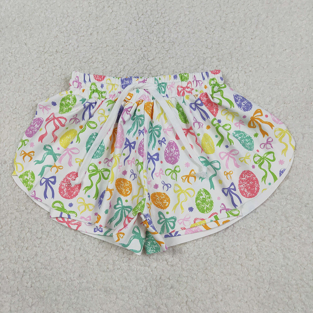 SS0822 Colorful Bows Eggs Print Girls Bottom Easter Yoga Flutter Shorts