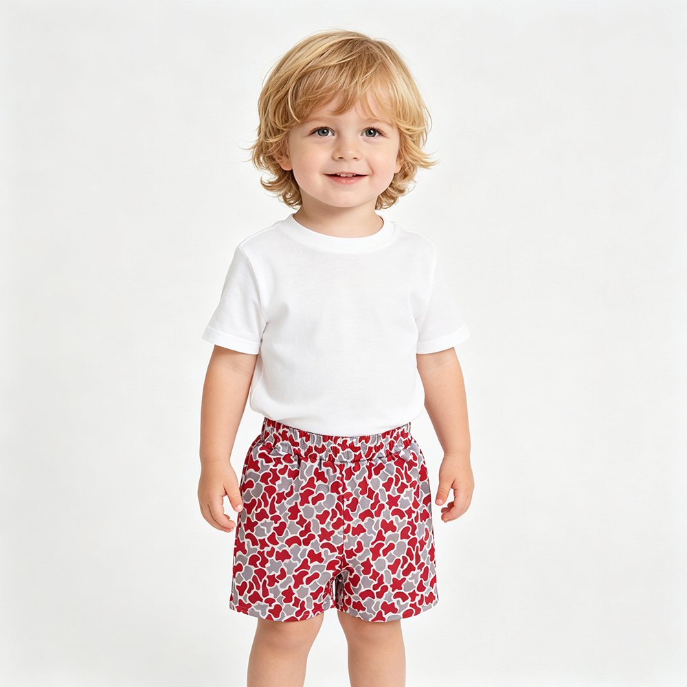 SS0880 Red Grey Camo Print Boys Summer Bottom Shorts