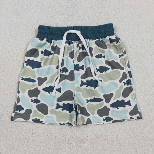 SS0893 Fish Green Blue Camo Print Boys Bottom Shorts