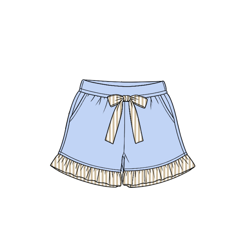 8.15 Preorder Kids Girls Light Blue Shorts with Khaki Stripe Ruffle