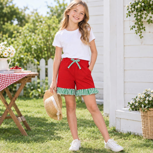 SS0997 Girls Red Pockets Bottom Shorts with Ruffle