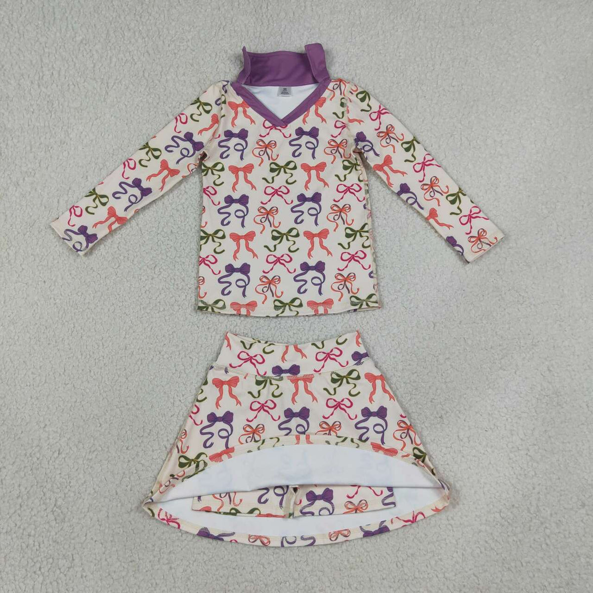 GLD1632 Colorful Bows Long Sleeve Top Skort Girls Yoga Clothes Set