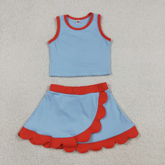 Toddler Girls Blue & Red Scalloped Edge 2-Piece Set | Sleeveless Top & Skort Active Outfit
