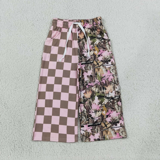 P1093  Pink Checkered Branch Camo Print Girls Bottom Pockets Split Straight Pants