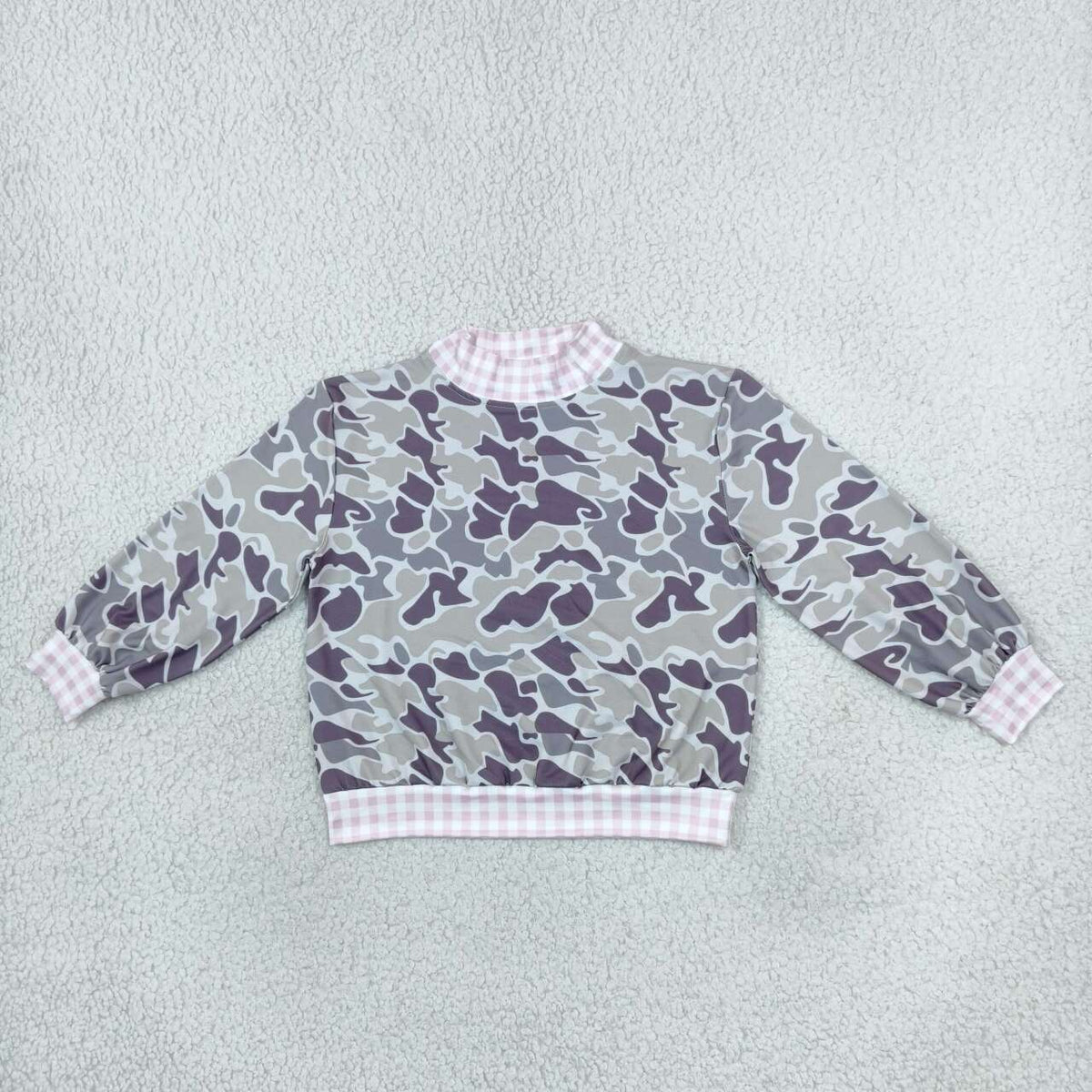 GT1873 Dark Brown Camo Pink Gingham Print Girls Mock Neck Sweatshirt Top