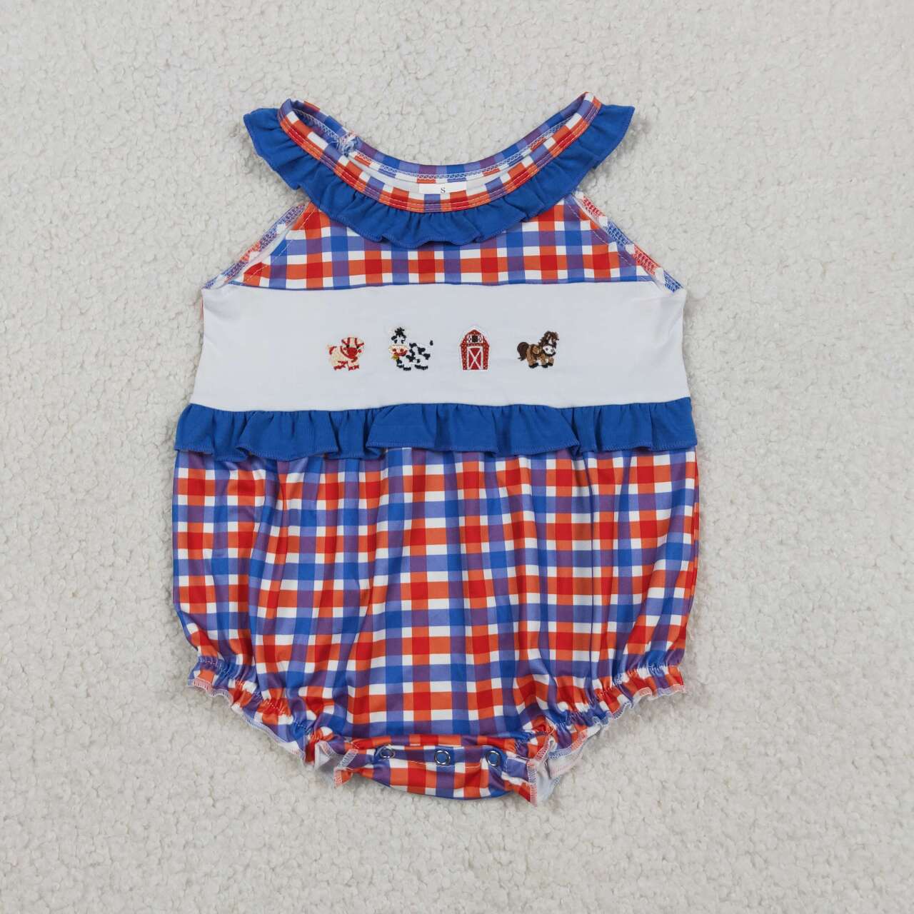 Baby Girls Embroidery Farm Animal 4th of July Bubble Romper