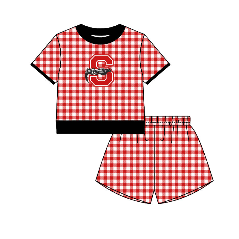 (Custom Design Preorder MOQ 5) Teams Salado Eagles Top Red Checkerd Shorts Mommy and Me Summer Yoga Clothes Set