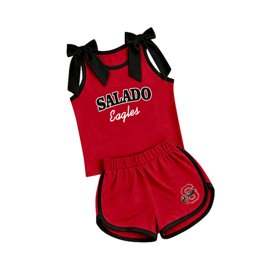 (Custom Design Preorder MOQ 5) Teams Salado Eagles Black Bows Vest Top Shorts Mommy and Me Summer Yoga Clothes Set