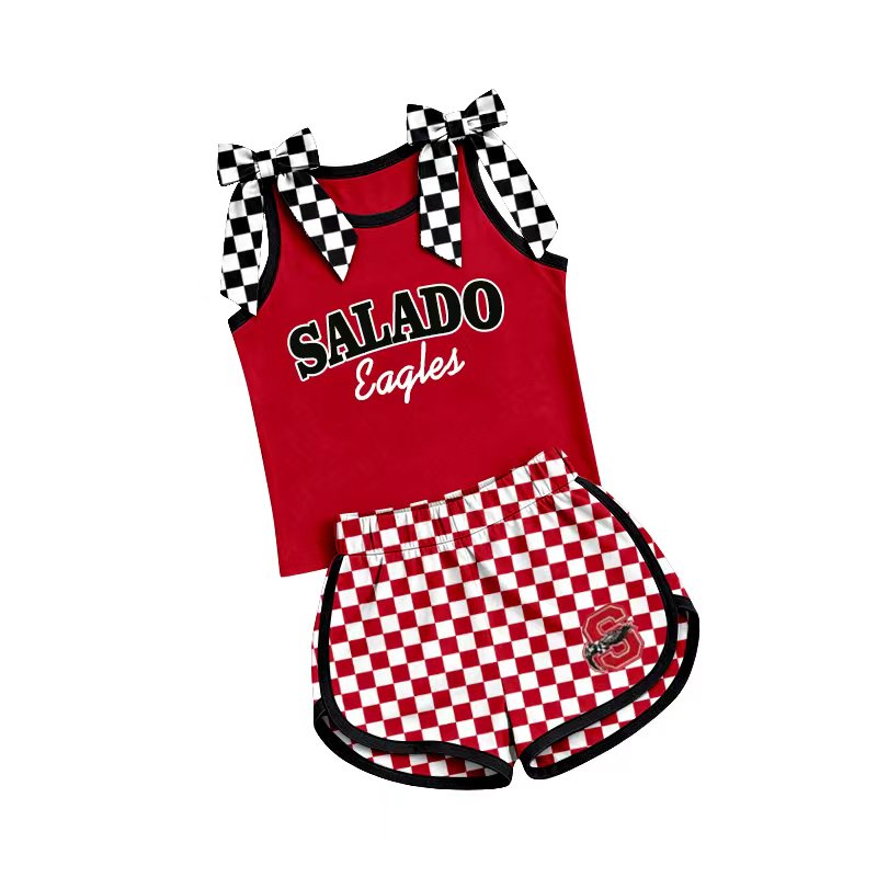 (Custom Design Preorder MOQ 5) Teams Salado Eagles Bows Vest Top Checkerd Shorts Mommy and Me Summer Yoga Clothes Set