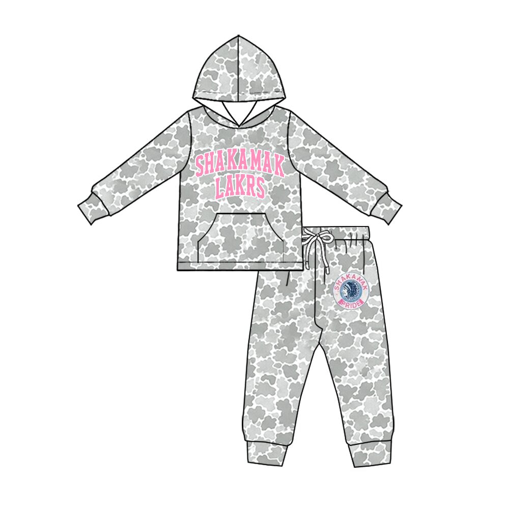 (Custom Design Preorder MOQ 5) Teams Shakamak Lakrs Grey Camo Hoodie Top Pockets Pants Kids Clothes Set