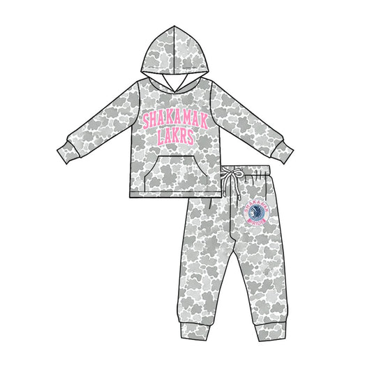 (Custom Design Preorder MOQ 5) Teams Shakamak Lakrs Grey Camo Hoodie Top Pockets Pants Kids Clothes Set
