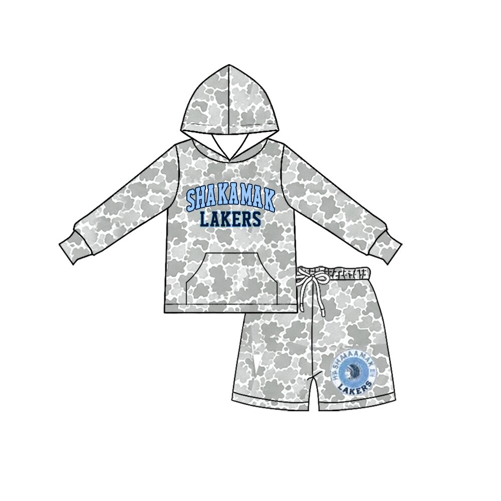 (Custom Design Preorder MOQ 5) Teams Shakamak Lakrs Grey Camo Hoodie Top Pockets Shorts Kids Clothes Set
