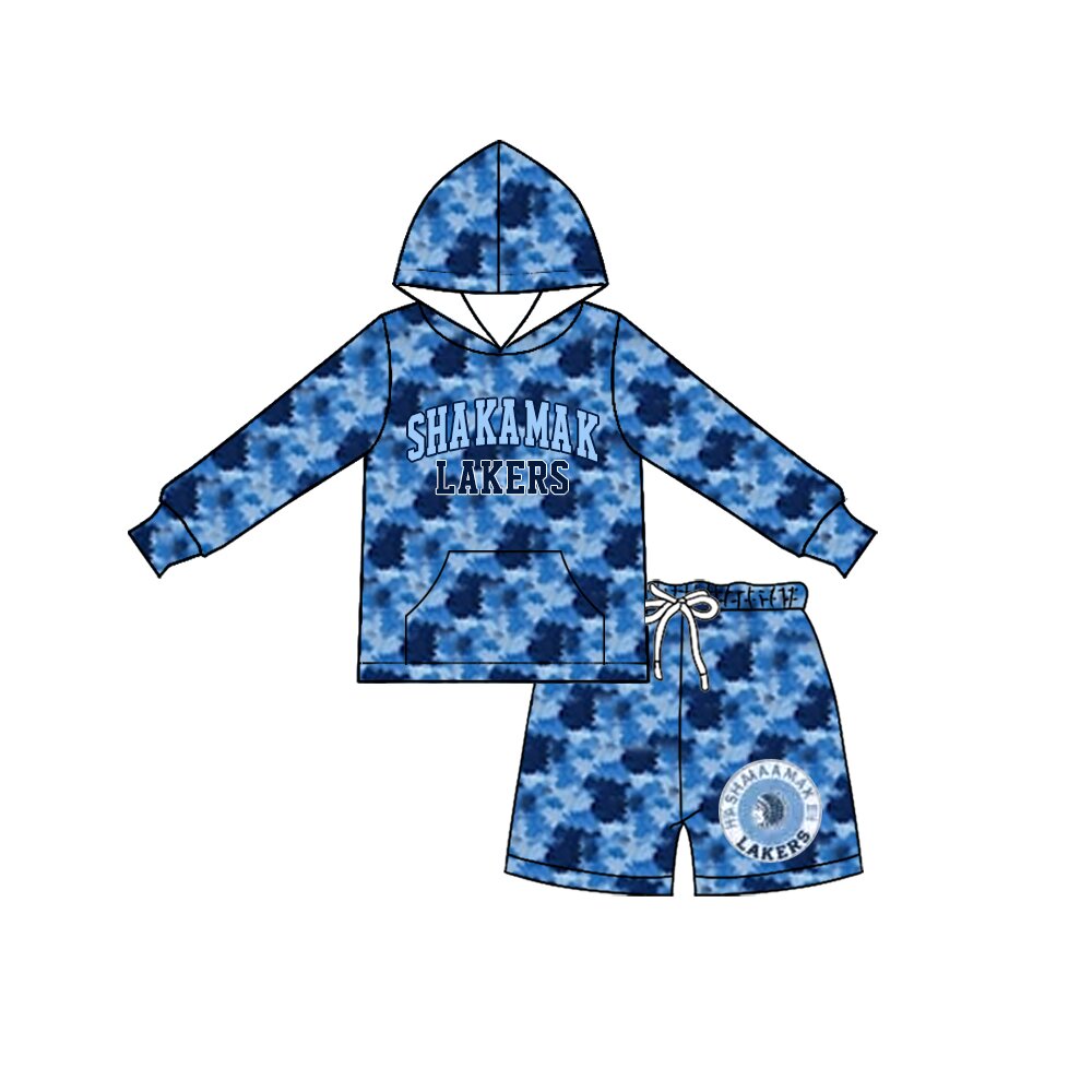 (Custom Design Preorder MOQ 5) Teams Shakamak Lakrs Blue Navy Camo Hoodie Top Pockets Shorts Kids Clothes Set