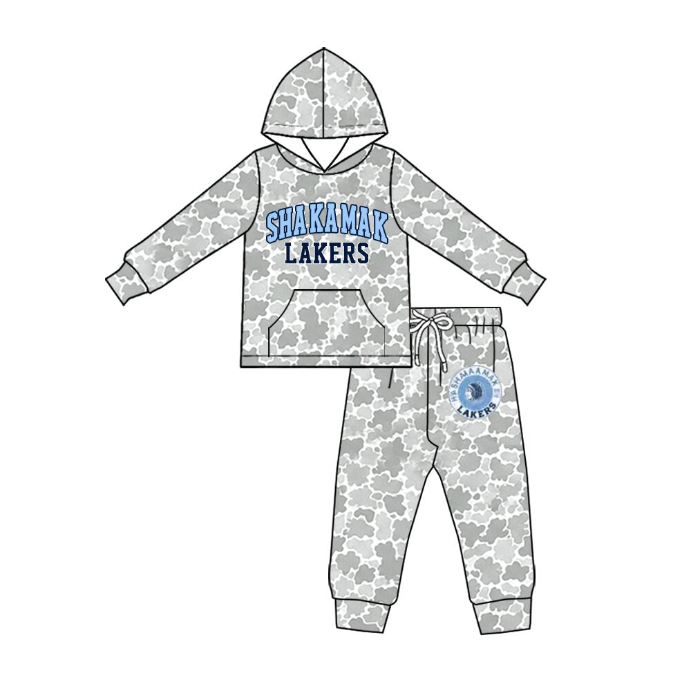 (Custom Design Preorder MOQ 5) Teams Shakamak Lakrs Grey Camo Hoodie Top Pockets Pants Kids Clothes Set
