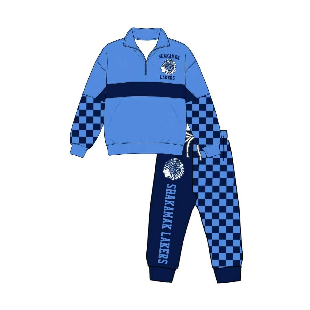 (Custom Design Preorder MOQ 5)  Teams Shakamak Lakrs Blue Print Kids & Adult Long Sleeve Zipper Top Pockets Joggers Pants Clothes Set