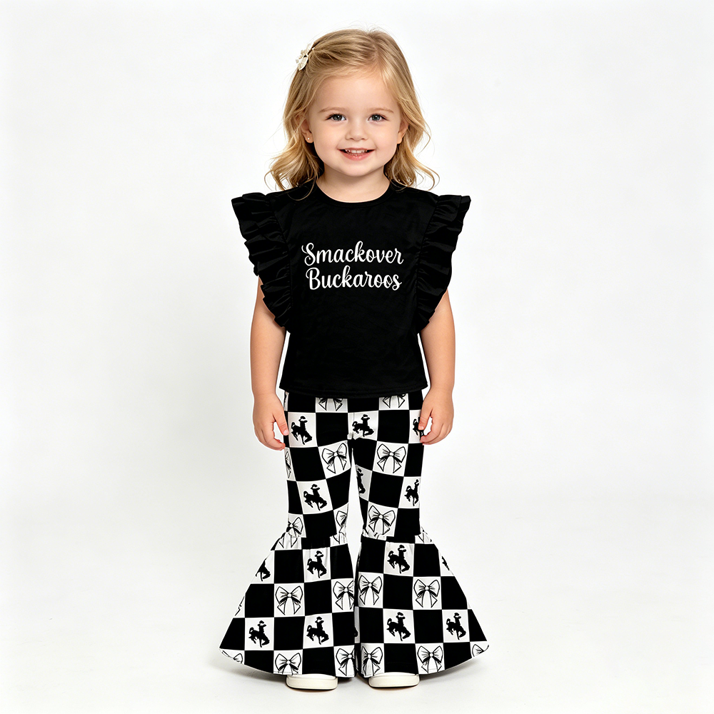 (Custom Design Preorder MOQ 5) Teams Smackover Buckaroos Black Top Plaid Bows Bell Pants Girls Clothes Set