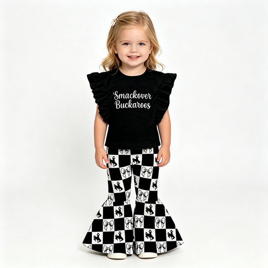 (Custom Design Preorder MOQ 5) Teams Smackover Buckaroos Black Top Plaid Bows Bell Pants Girls Clothes Set