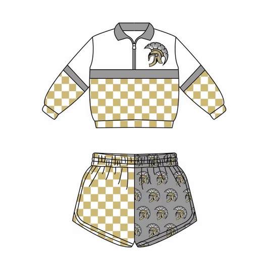 (Custom Design Preorder MOQ 5) Teams Spartans Long Sleeve Zipper Top Gold Checkerd Shorts Mommy and Me Outfits