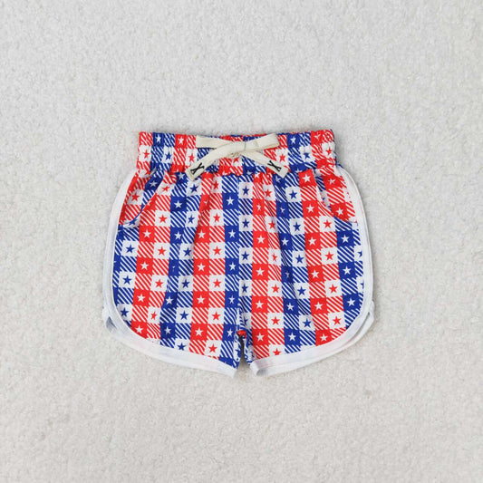 SS0253 Red Blue Stars Plaid Print Kids 4th of July Bottom Shorts