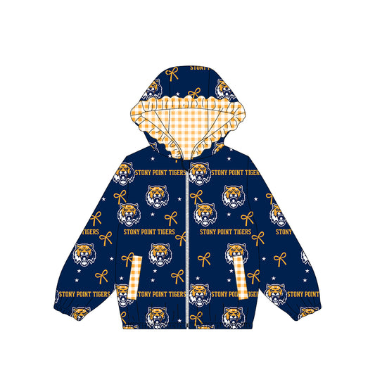 (Custom Design Preorder MOQ 5) Teams Stony Point Tigers Bows Stars Print Girls Pockets Zipper Ruffle Hoodie Yoga Jacket Top