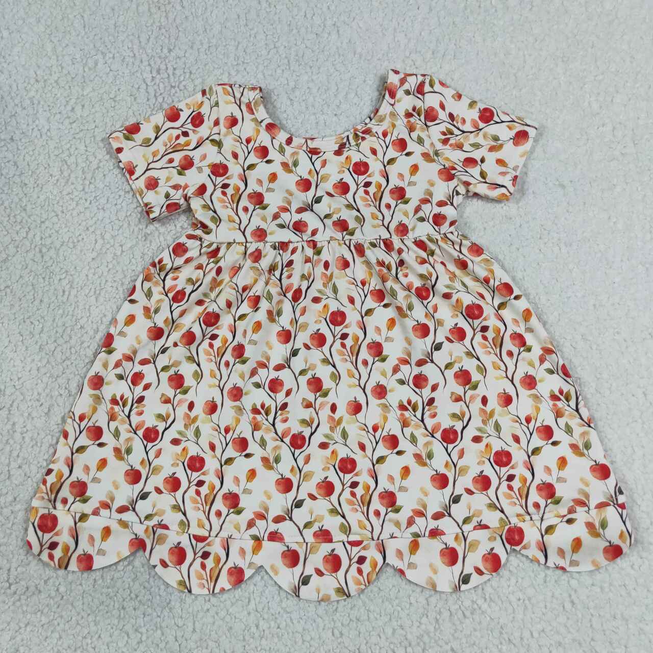 Apple Print Girls Scallop Knee Length Dress