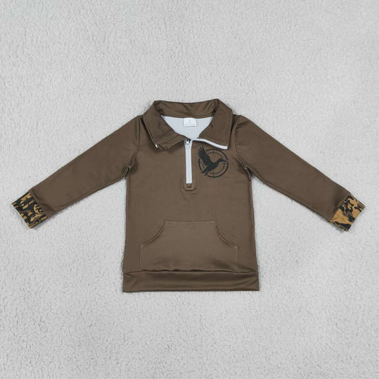 GT1698 Hunting Duck Kids Dark Olive Quarter-Zip Long Sleeve Pullover Top With Pocket