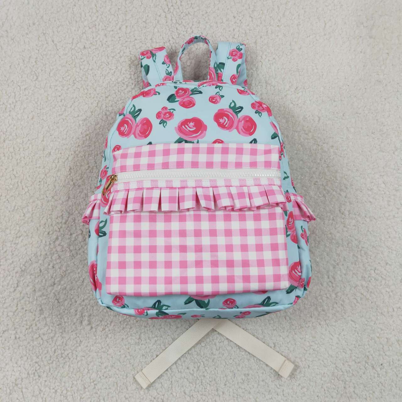 Baby Kids Girls Pink Flowers Checkered Backpack Zip Back Bags