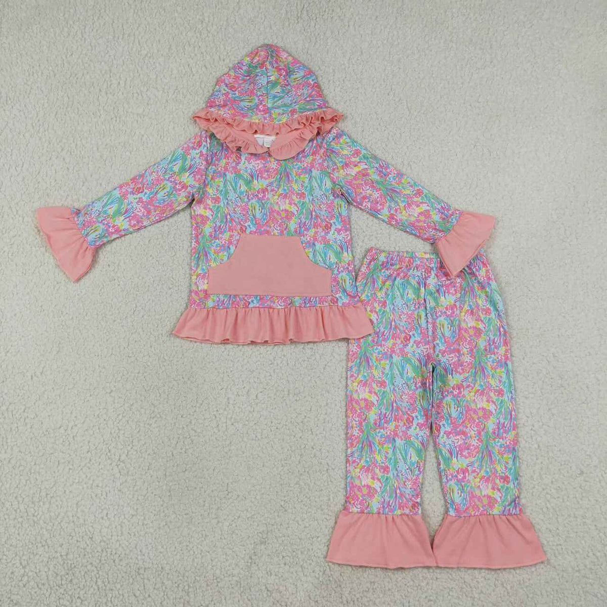 GLP3519 Seaweed Pink Hoodie Top Pants Girls Fall Ruffle Clothes Set