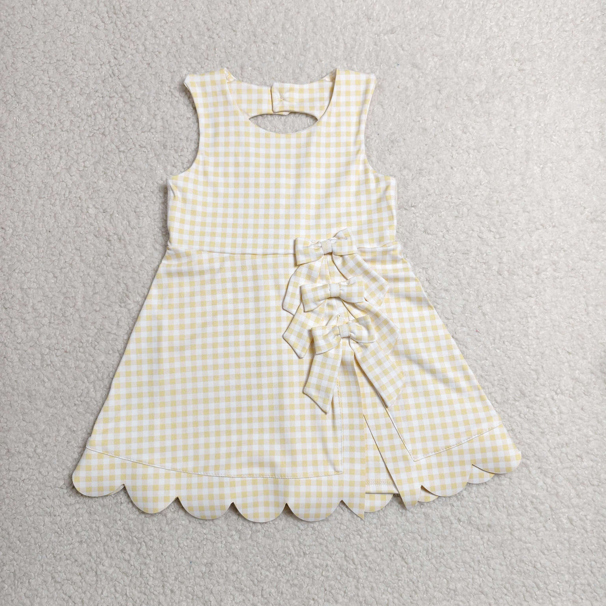 GSD3027 Yellow Gingham Girls Summer Bows Scallop Knee Length Yoga Dress