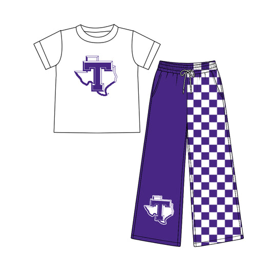 (Custom Design Preorder MOQ 5) Teams Tarleton Texans White Top Checkered Straight Pants Girls Clothes Set