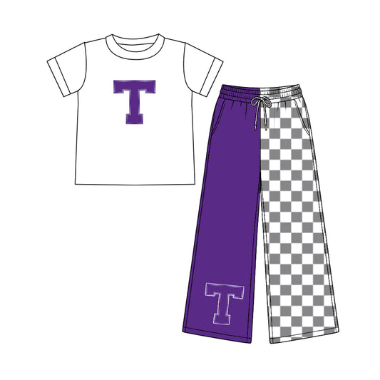 (Custom Design Preorder MOQ 5) Teams Tarleton Texans White Top Checkered Straight Pants Girls Clothes Set