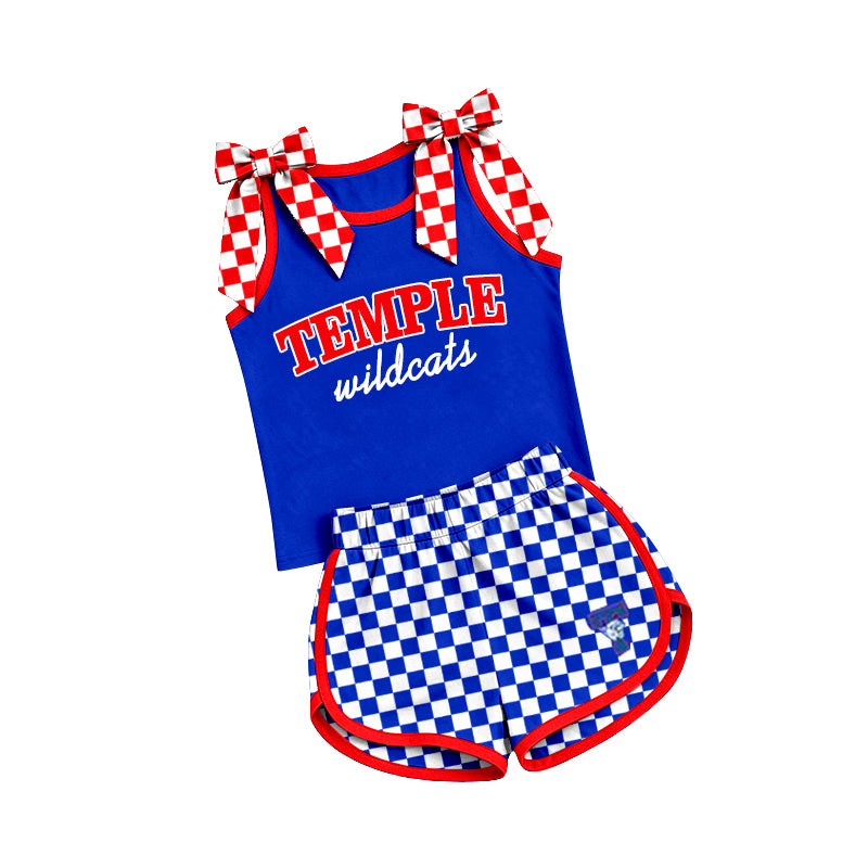(Custom Design Preorder MOQ 5) Teams Temple Wildcats Bows Vest Top Checkerd Shorts Mommy and Me Summer Yoga Clothes Set