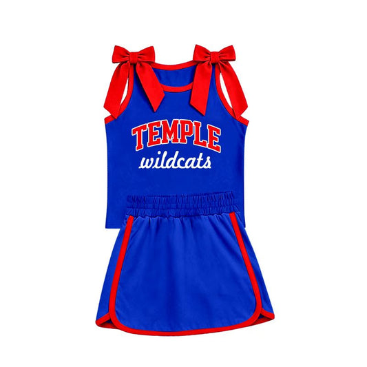 (Custom Design Preorder MOQ 5) Teams Temple wildcats Bows Top Blue Skort Girls Summer Clothes Set