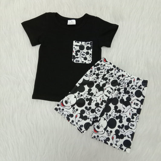 (Promotion)Black Pocket Top Cartoon Mouse Shorts Boys summer outfits A16-24