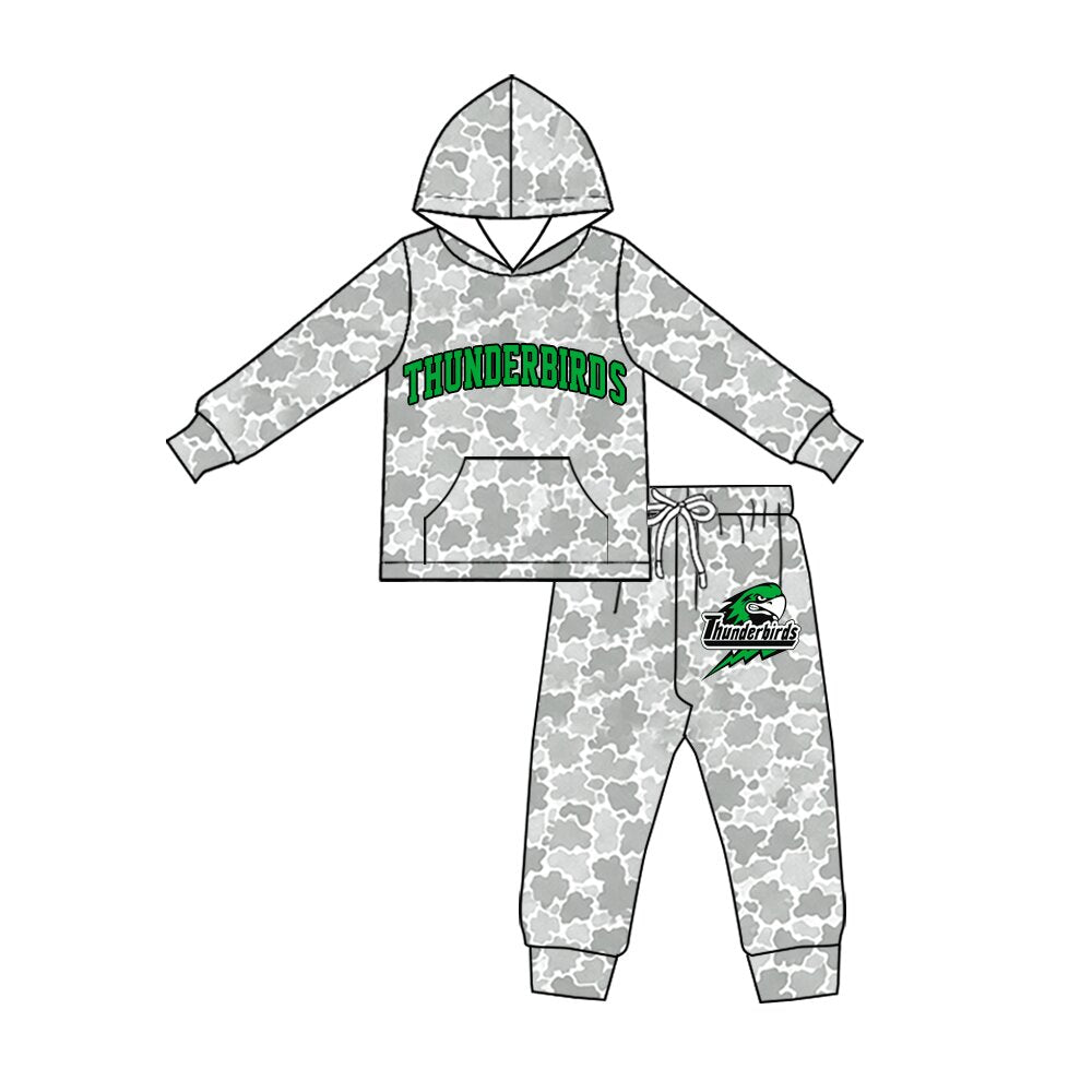 (Custom Design Preorder MOQ 5) Teams Thunderbirds Grey Camo Hoodie Top Pockets Pants Kids Clothes Set