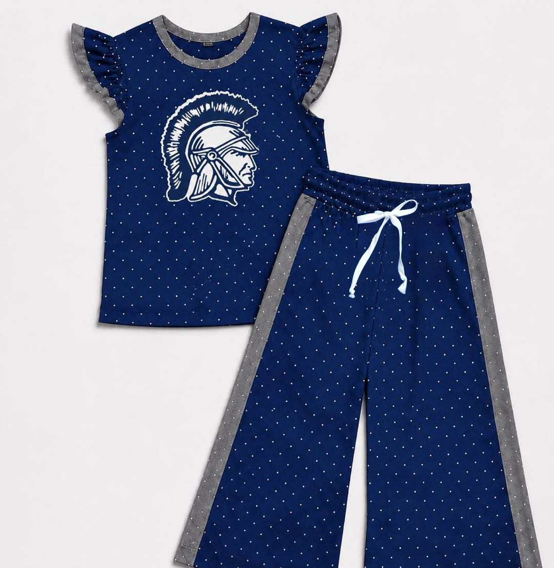 (Custom Design Preorder MOQ 5) Teams Trojans Top Dots Straight Pants Girls Clothes Set
