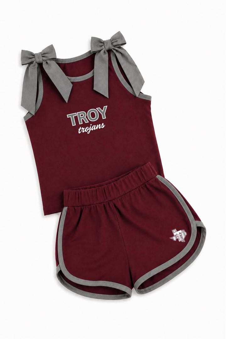 (Custom Design Preorder MOQ 5) Teams Troy Trojans Grey Bows Vest Top Shorts Girls Summer Yoga Clothes Set