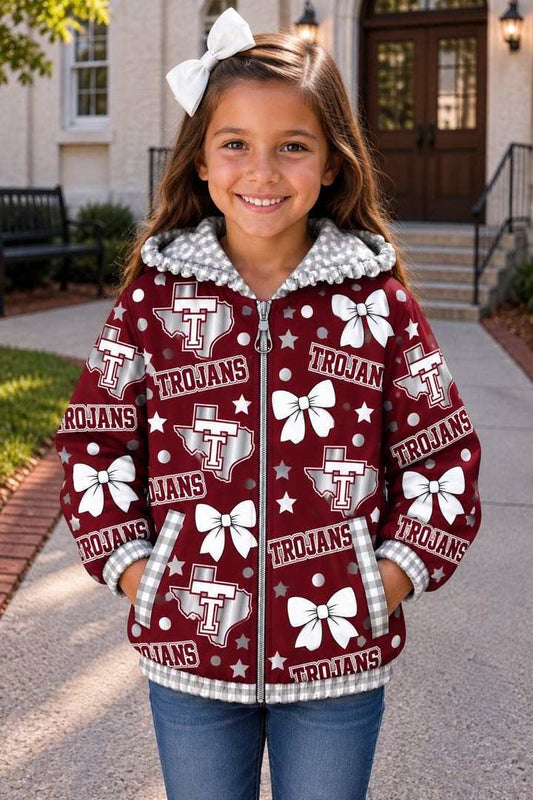(Custom Design Preorder MOQ 5) Teams Troy Trojans Checkered Bows Stars Print Girls Pockets Zipper Ruffle Hoodie Yoga Jacket Top