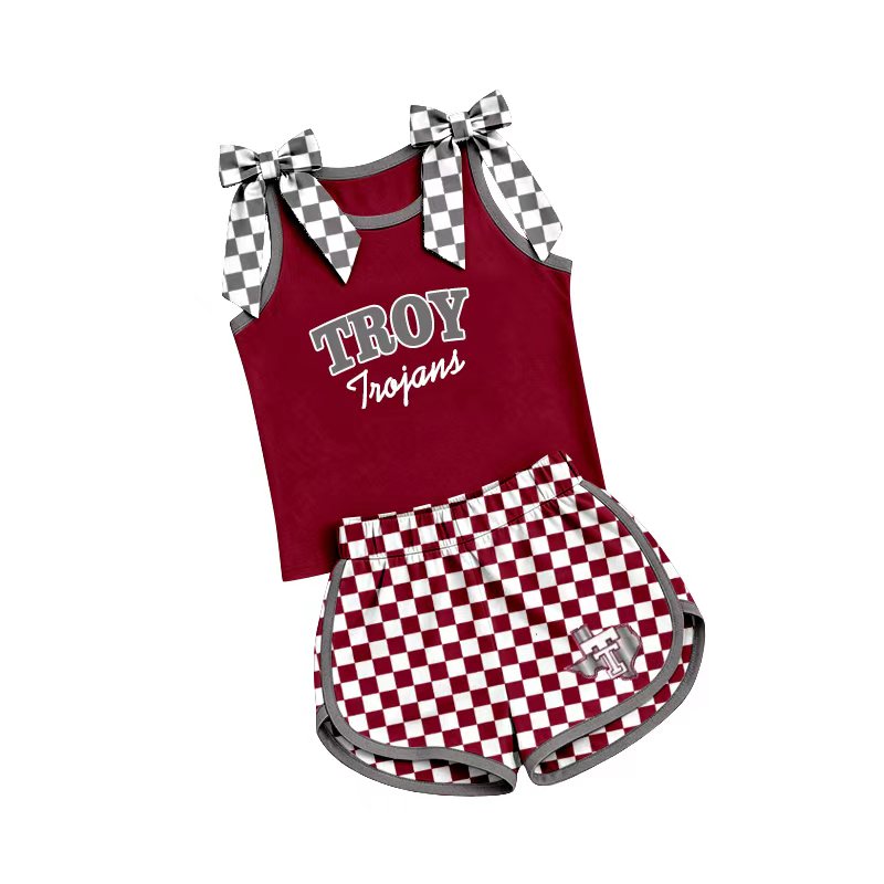 (Custom Design Preorder MOQ 5) Teams Troy Trojans Bows Vest Top Checkerd Shorts Mommy and Me Summer Yoga Clothes Set