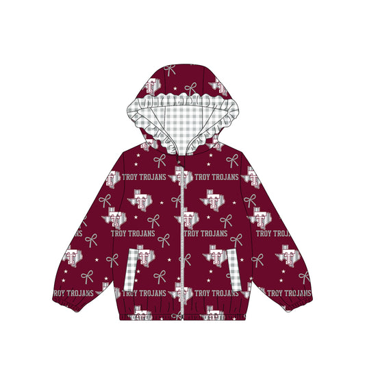 (Custom Design Preorder MOQ 5) Teams Troy Trojans Bows Stars Print Girls Pockets Zipper Ruffle Hoodie Yoga Jacket Top