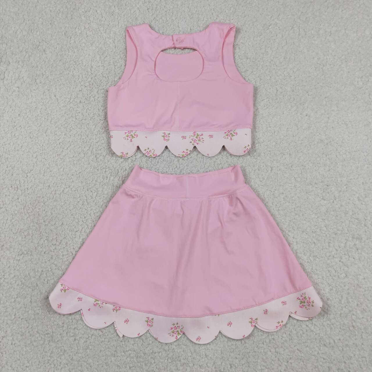 Pink Tank Top Bows Skort Girls Scallop Yoga Clothes Set