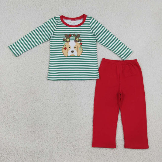 Dog Green Stripes Top Red Pants Boys Christmas Clothes Set
