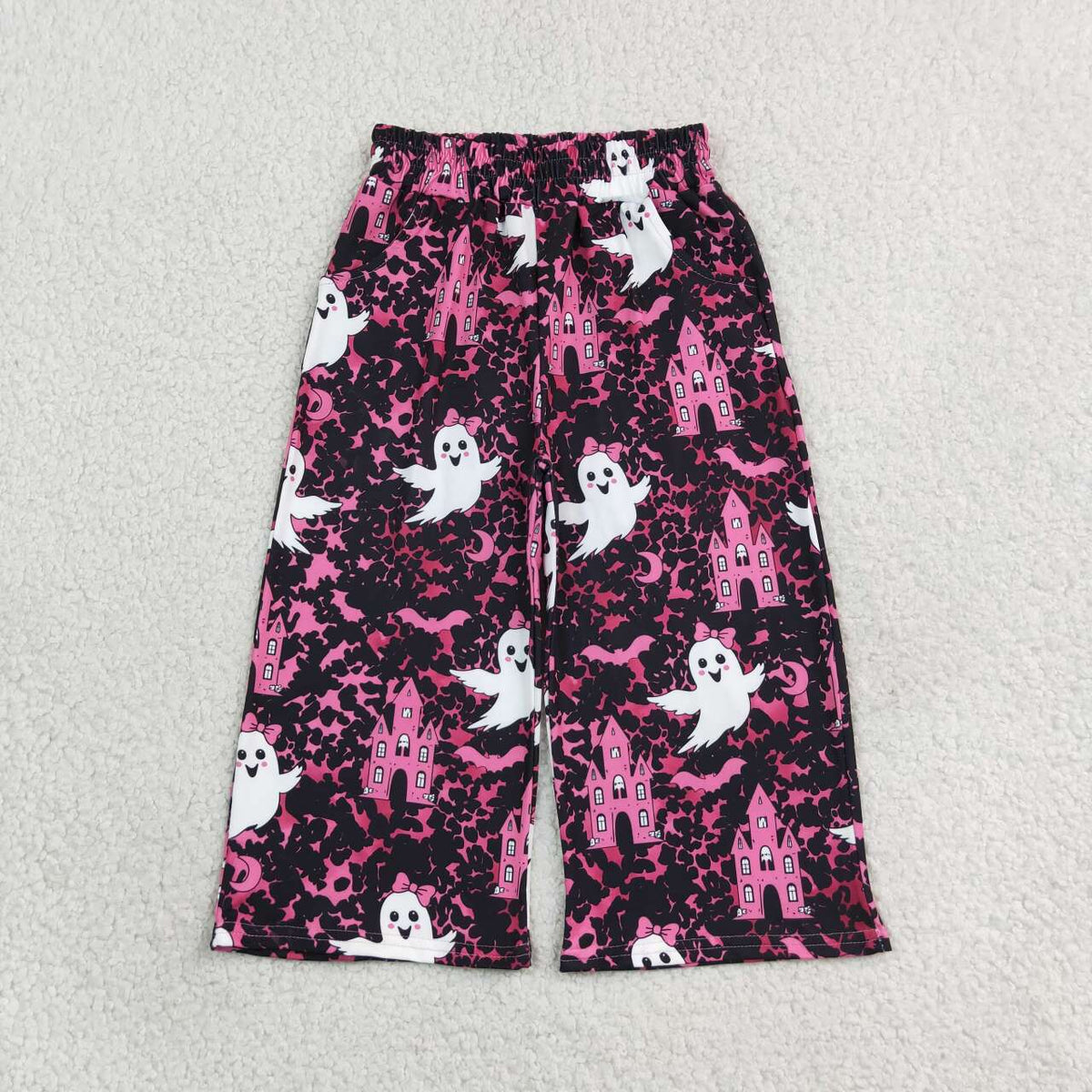 P1134 Leopard Ghost Haunted Castle Bat Pink Baby Girls Wide Leg Pockets Pants