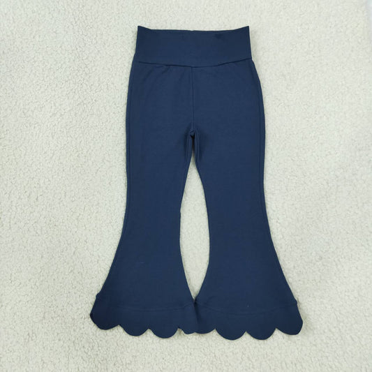 P1081 Navy Cotton Girls Scallop Edge Bell Bottom Pants