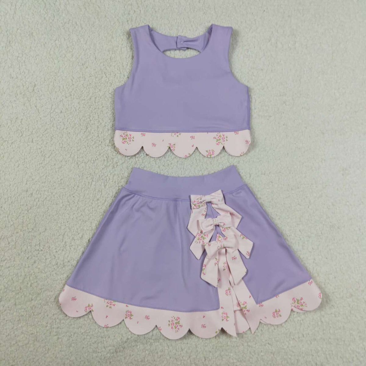 GSD3323 Purple Tank Top Bows Skort Girls Scallop Yoga Clothes Set