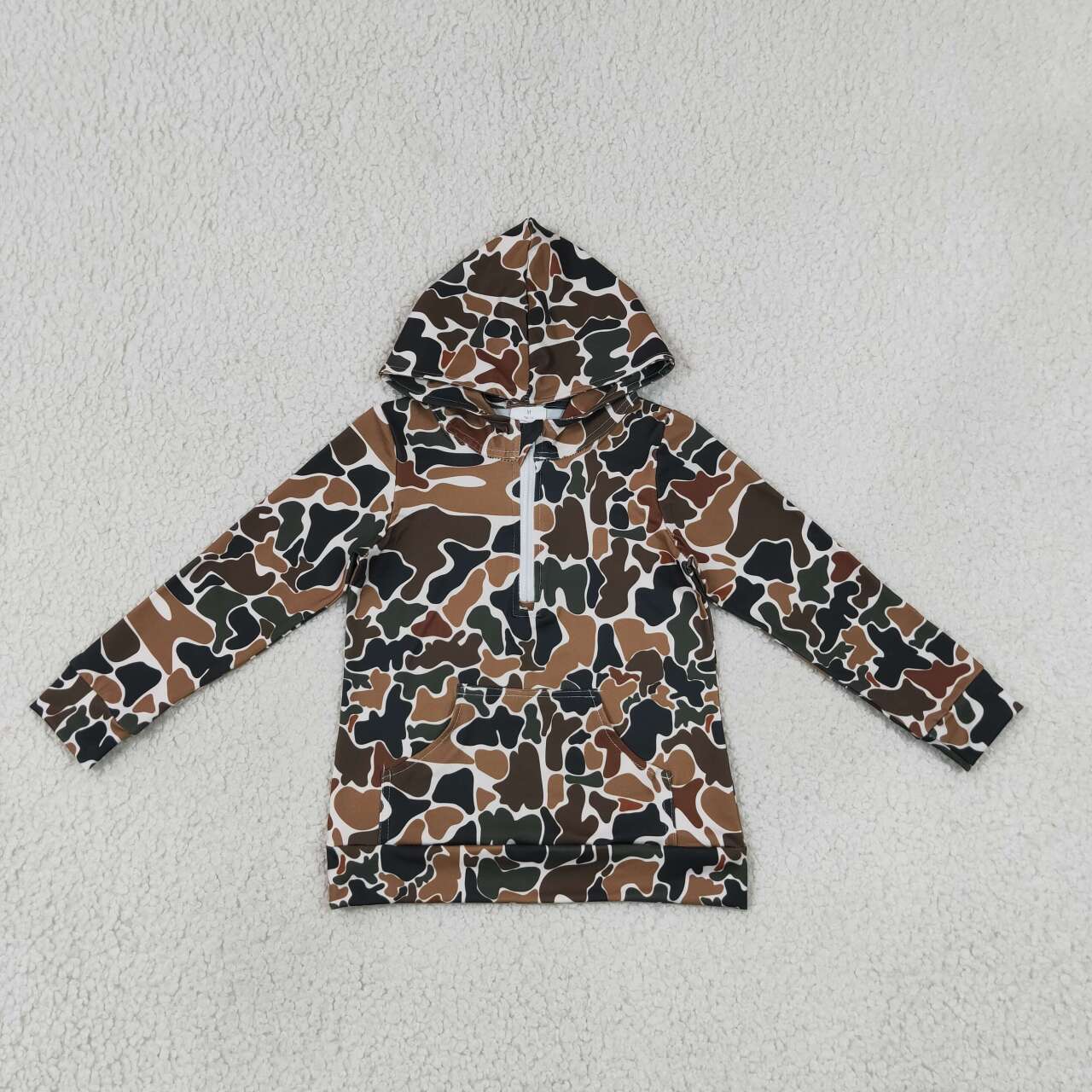 Kids Boys Black Brown Camo Long Sleeve Half Zipper Hoodie Top