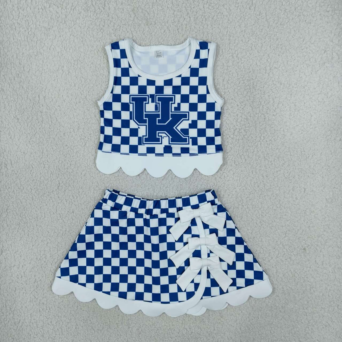 GSD4283 Girls Teams Kentucky UK Blue Checked Tank Top White Bow Skort Active Outfit