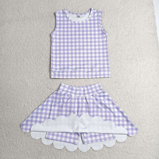 GSD4067 Violet Gingham Sleeveless Top Scallop Skort Girls Active Outfits
